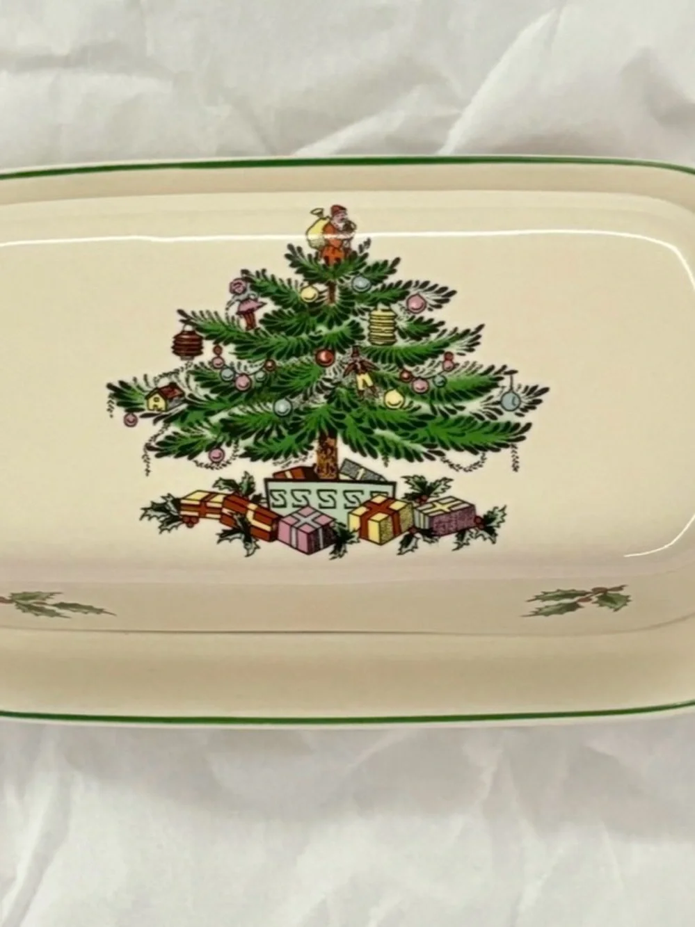Spode Christmas Tree Butter Dish with Green Trim and Christmas Tree